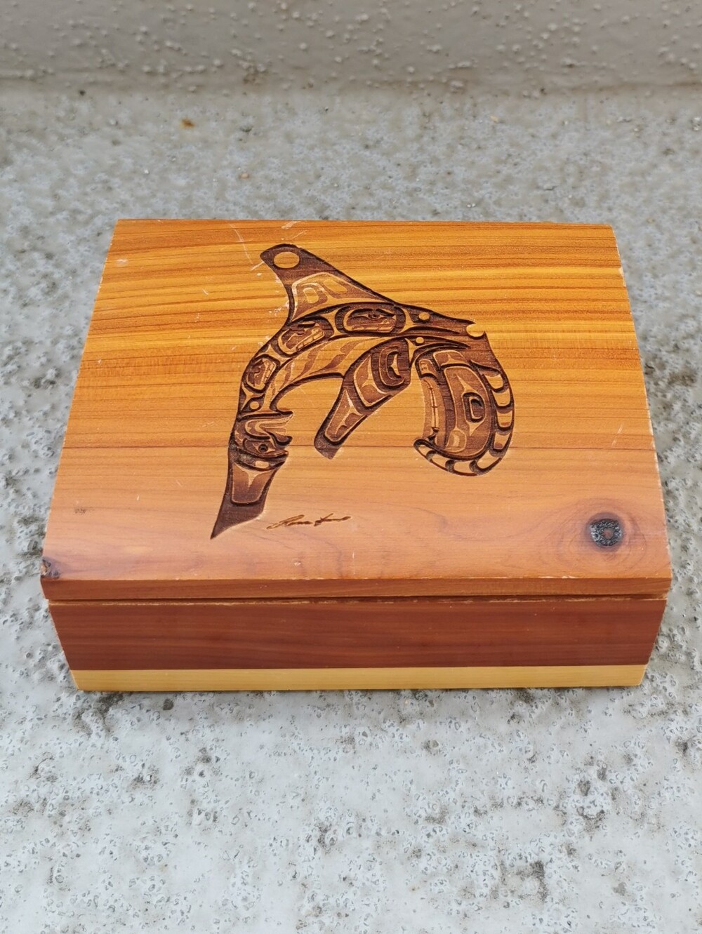 Vintage Indigenous Cedar Keepsake Box Orca Northwest Coast Artist Signed